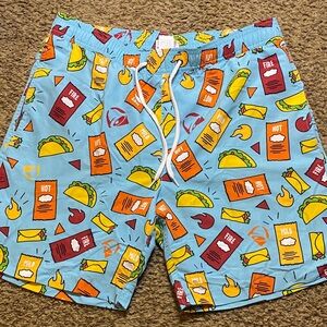Taco Bell Swim Trunks Men’s Small Sauce Packet Taco Print Mesh Lined